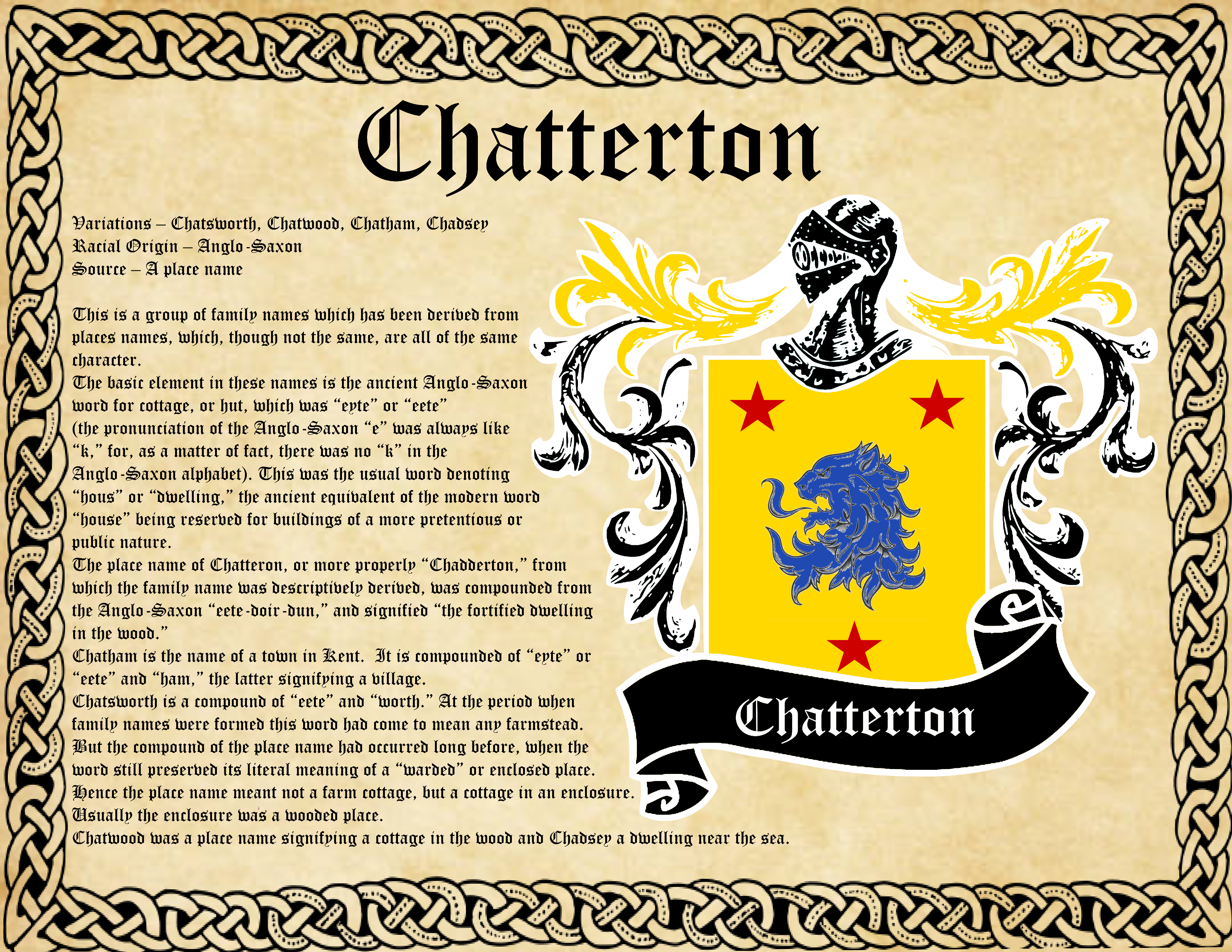 Chatterton Surname Family History and Coat of Arms