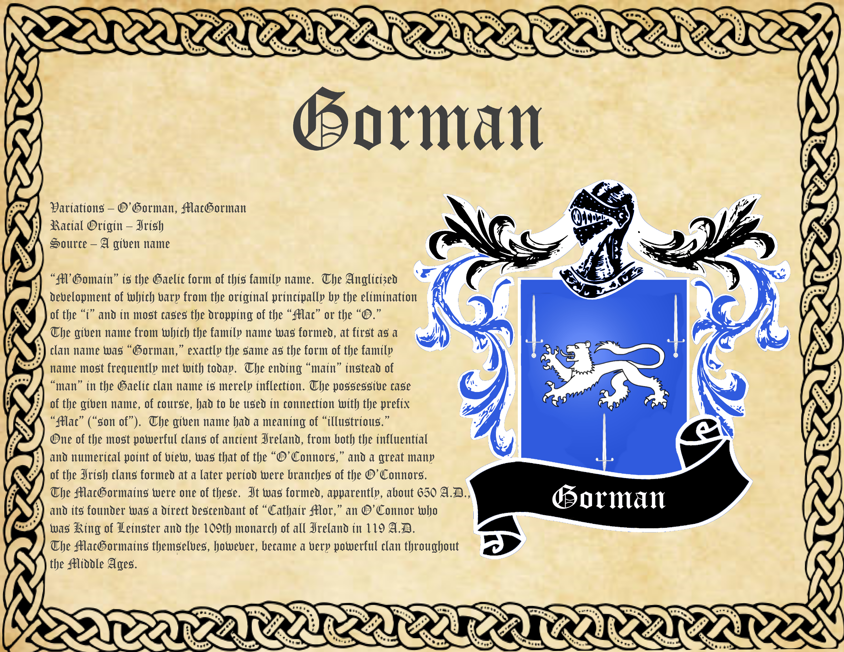 Gorman Surname Family History and Coat of Arms