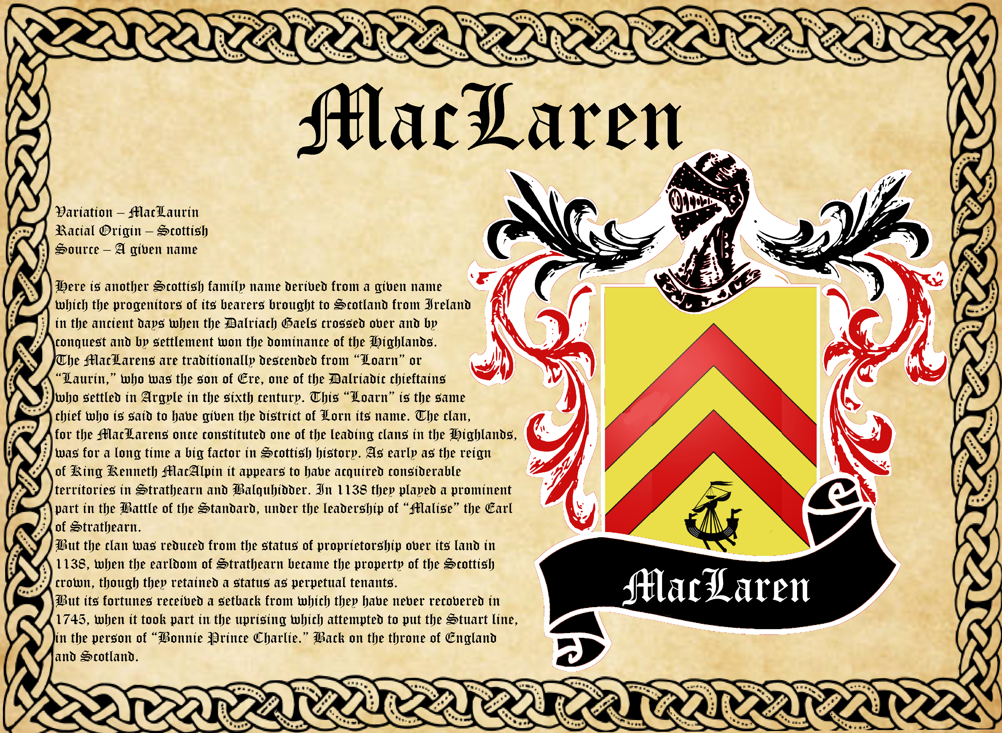 MacLaren Surname Family History and Coat of Arms